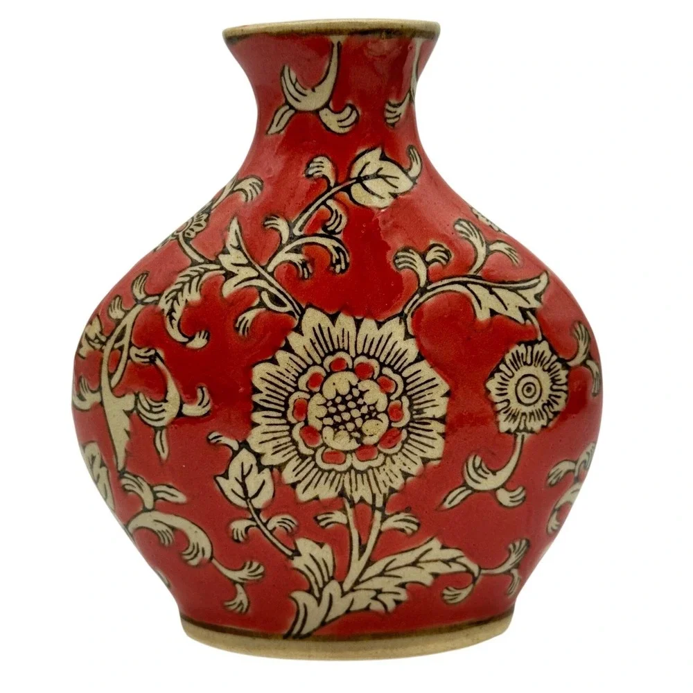 Vintage Chinoiserie Cizhou Style Red Ceramic Flat Pillow Vase Floral 5.5